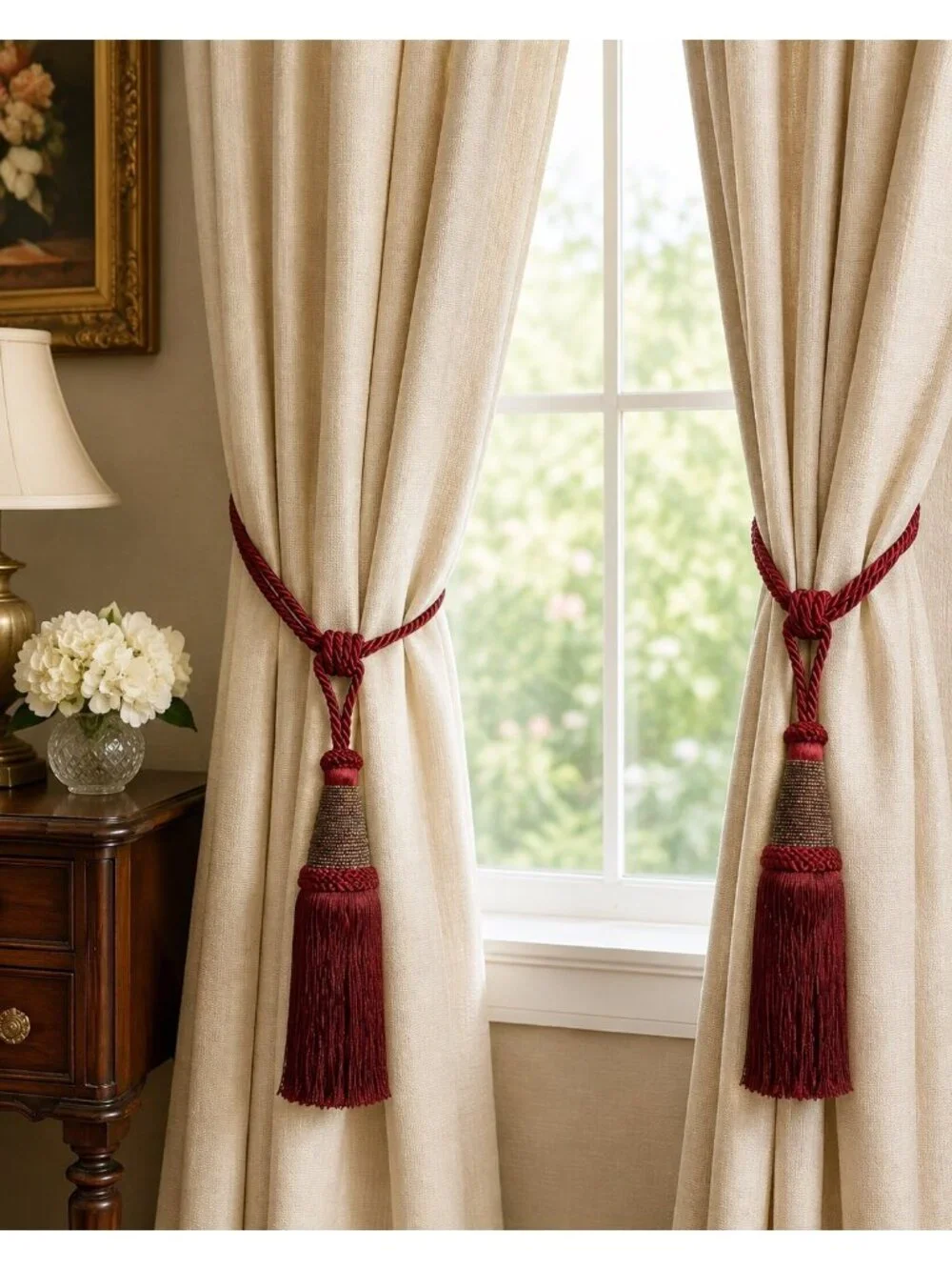 Pair of Vintage Burgundy Beaded Curtain Tiebacks Decorative Tassel Drapery Holdb